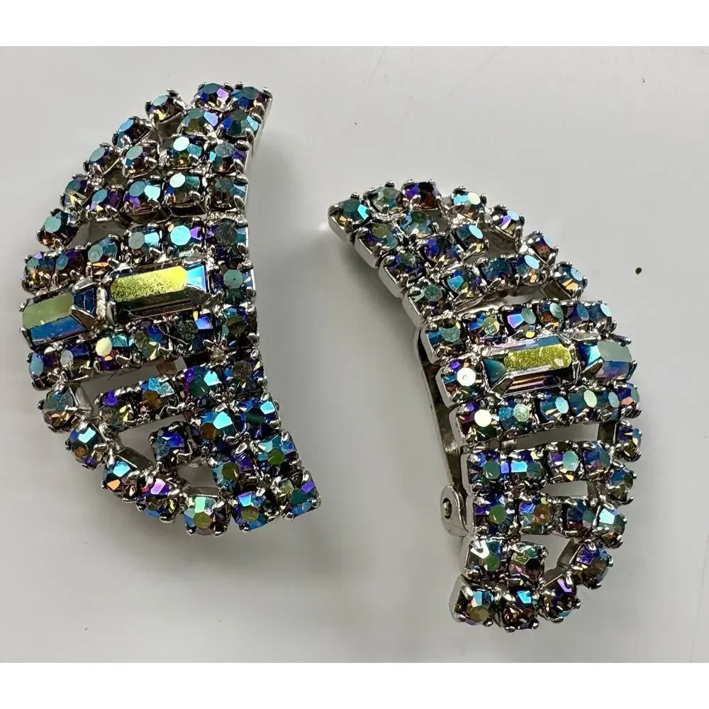 VTG Rhinestone Earrings Clip-on Large Half Moon AB Aurora Borealis Dramatic
